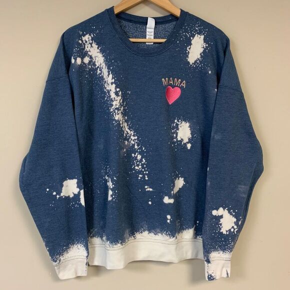 Mama Heart Sweatshirt Womens XL Embroidered Bleached Sweatshirt Tie Dye Pullover - Picture 1 of 5
